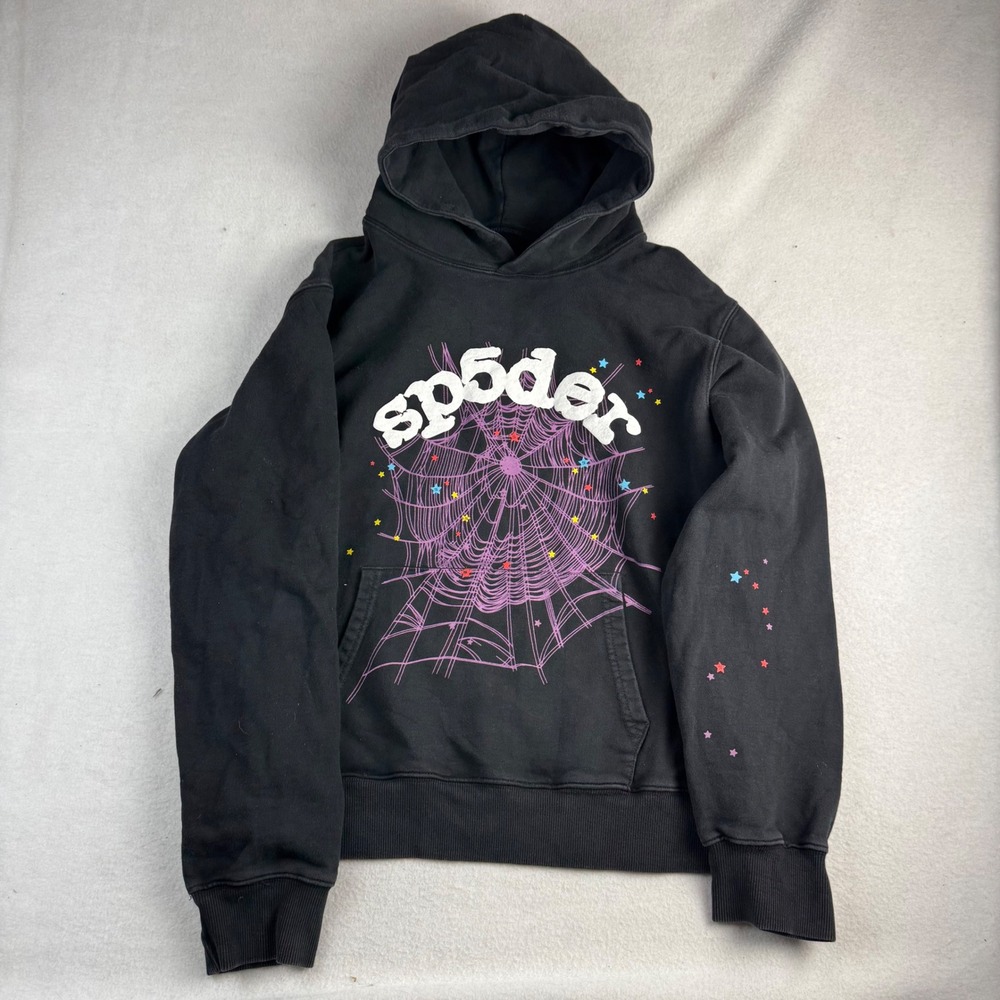 Sp5der Worldwide Black Pink Web Star Puff Print Hoodie Medium Mens
